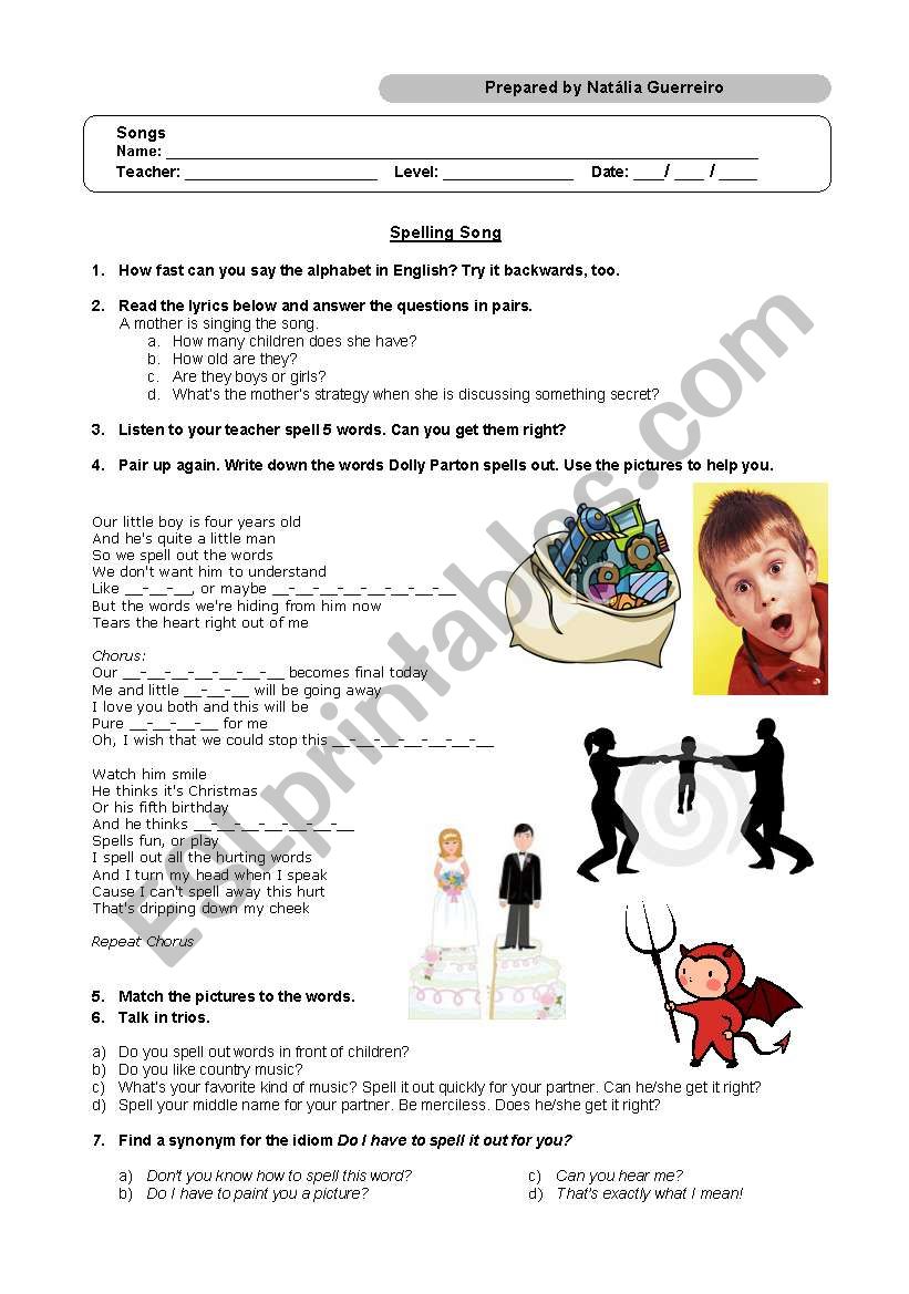 Spelling Song worksheet