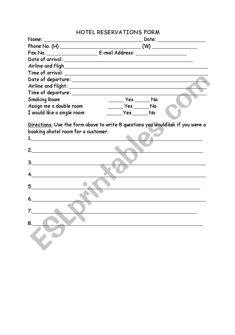 reservation form worksheet