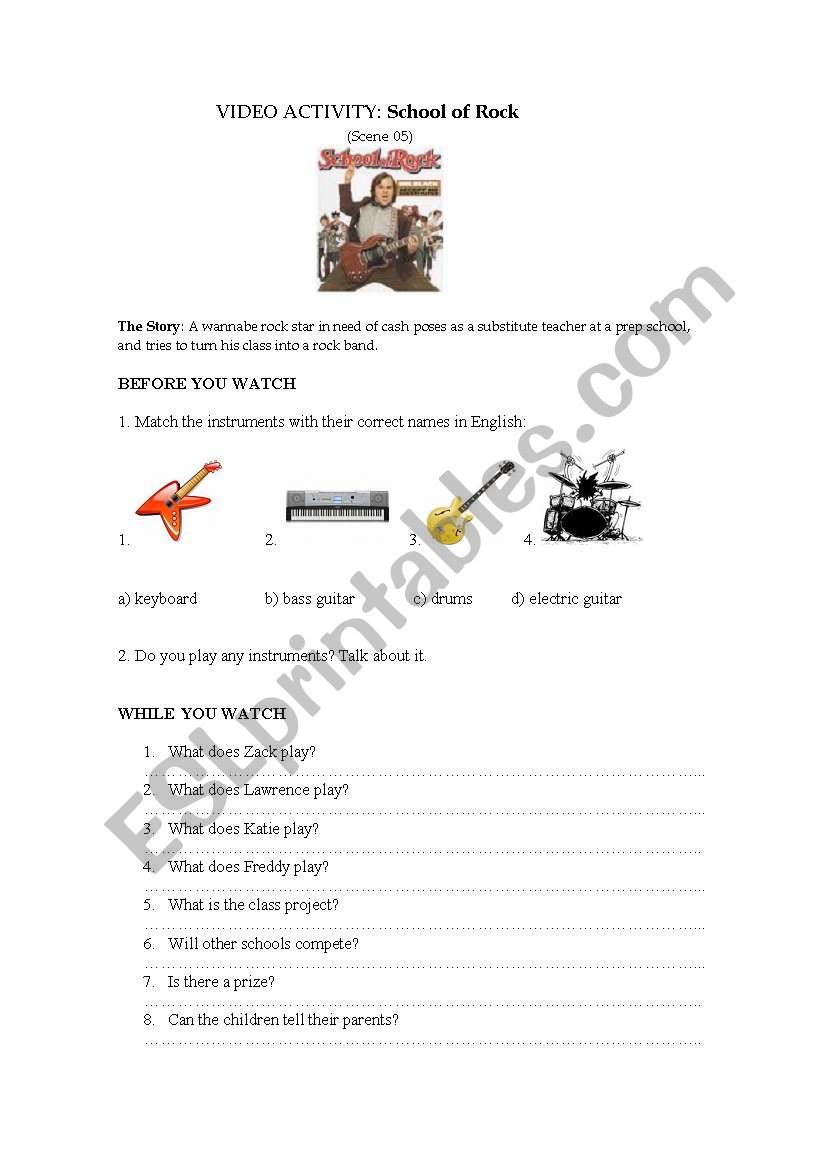 Video activity School of Rock worksheet