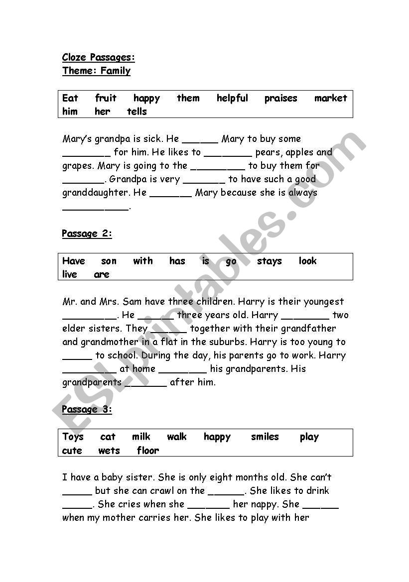 English Worksheets Cloze Passages
