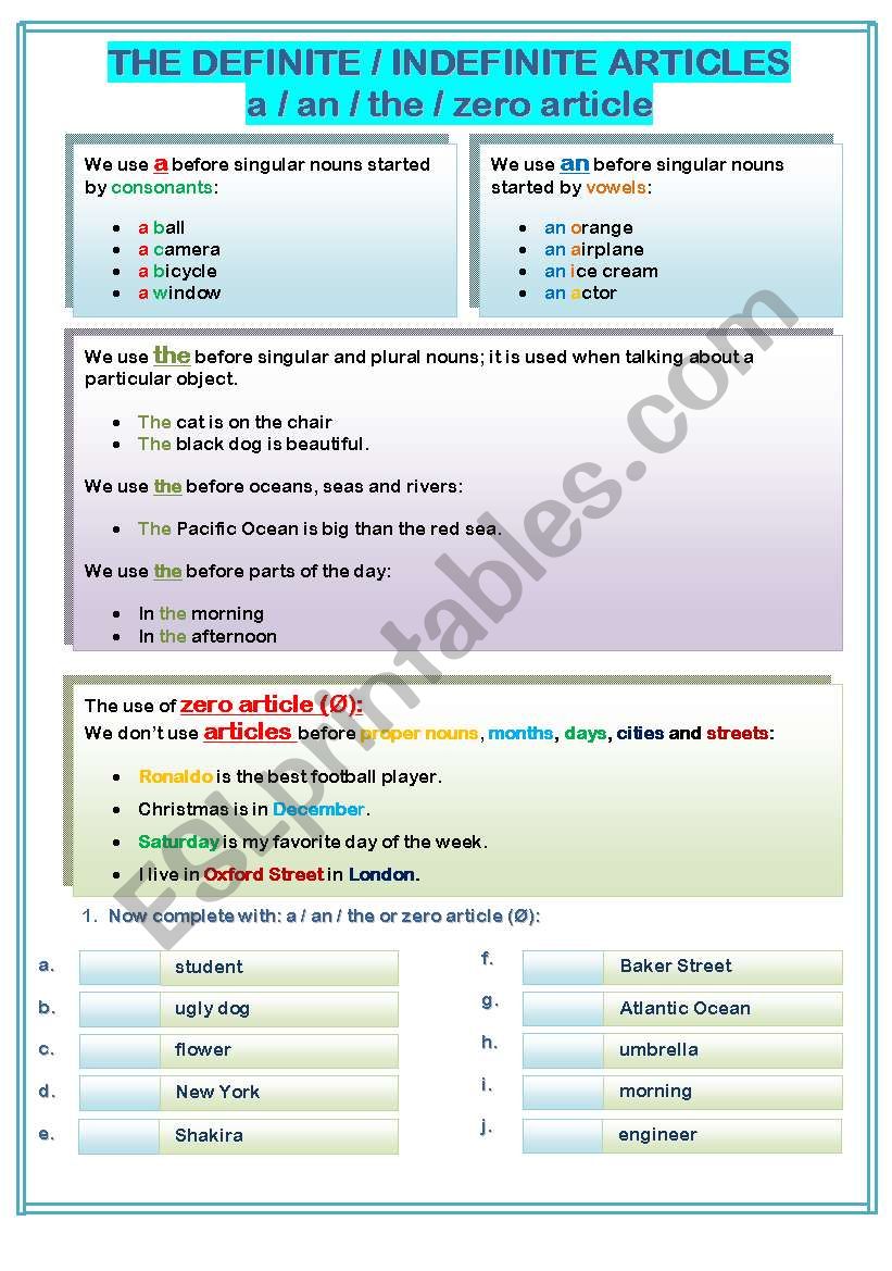 Jobs and articles worksheet