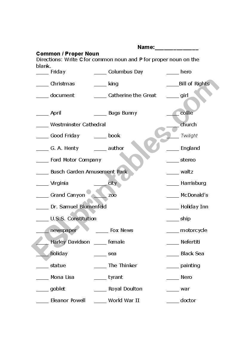 Common and Proper Nouns worksheet