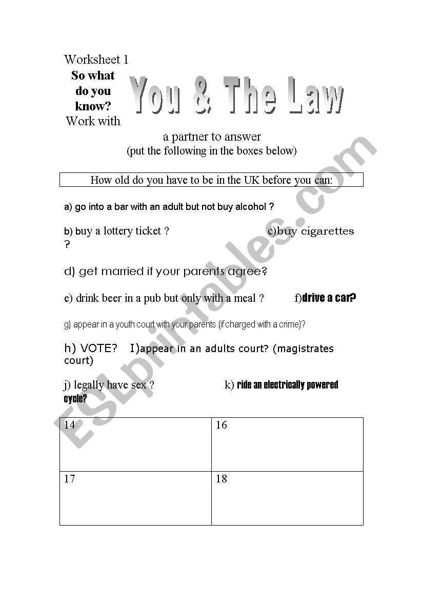 You and The Law worksheet