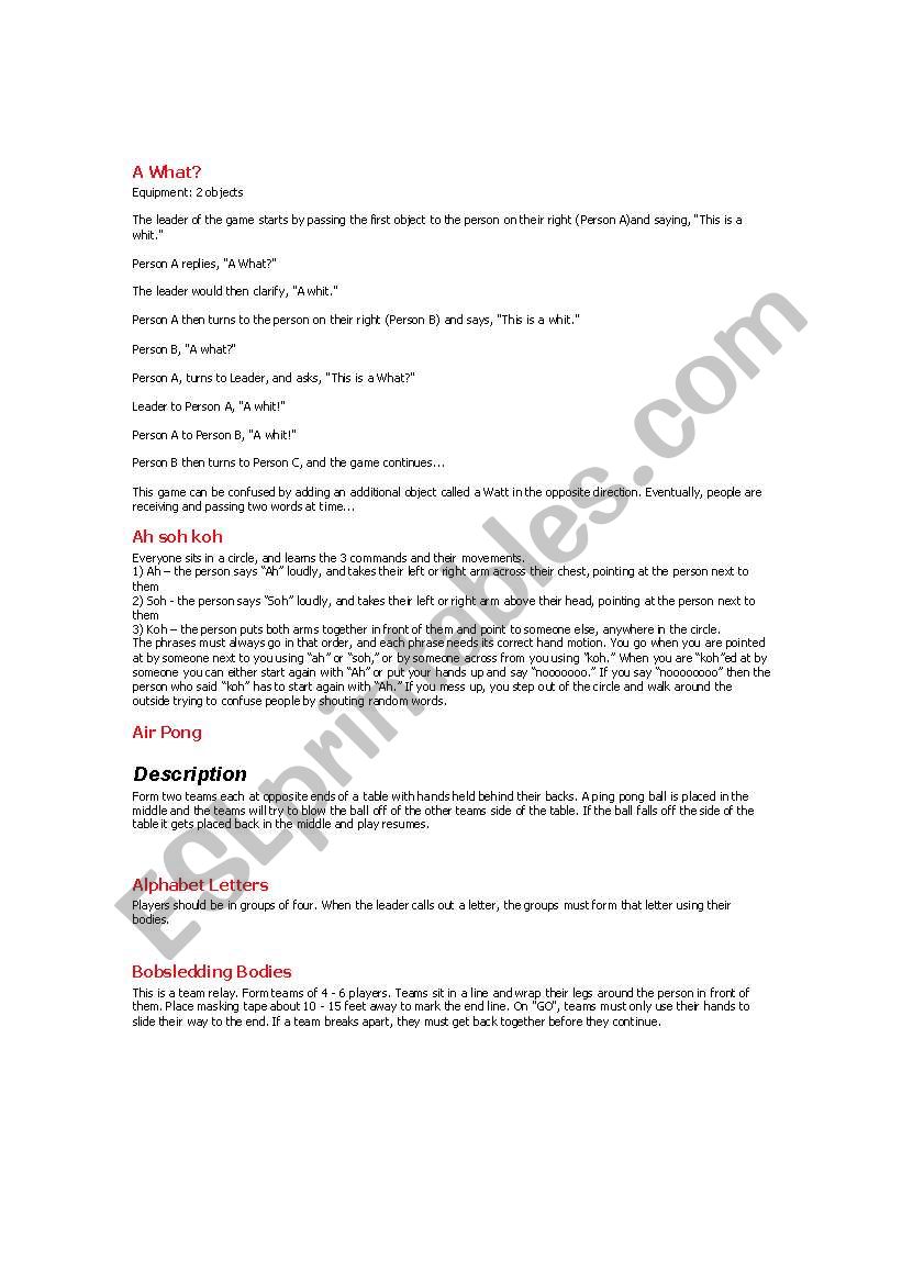 Grouop Games worksheet