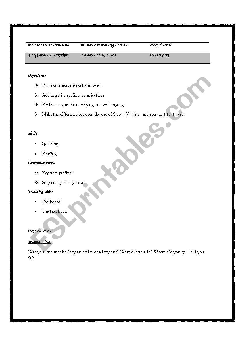 lesson plan space tourism worksheet