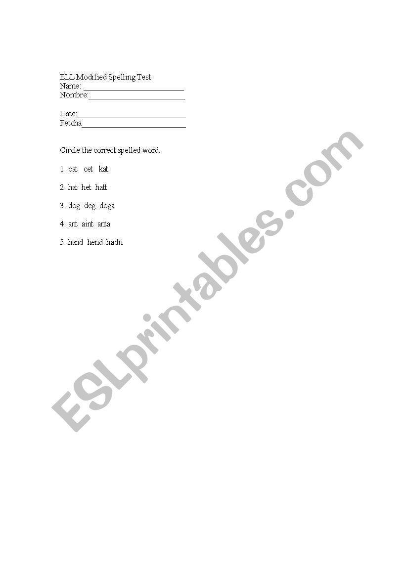 Newcomer Spelling Test worksheet
