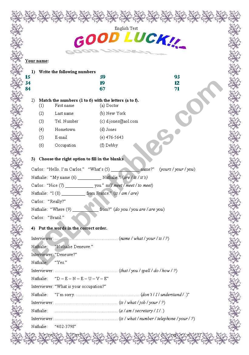 Personal information, numbers and simple present revision