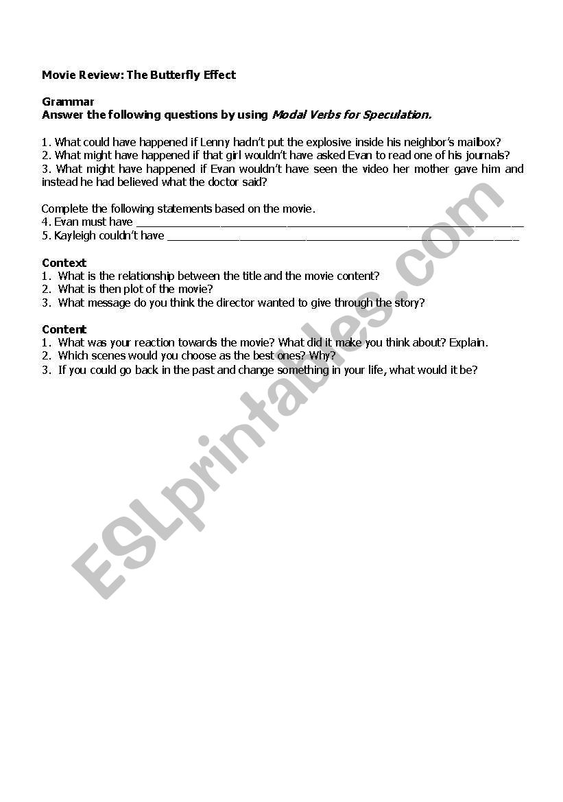 Butterfly Effect worksheet