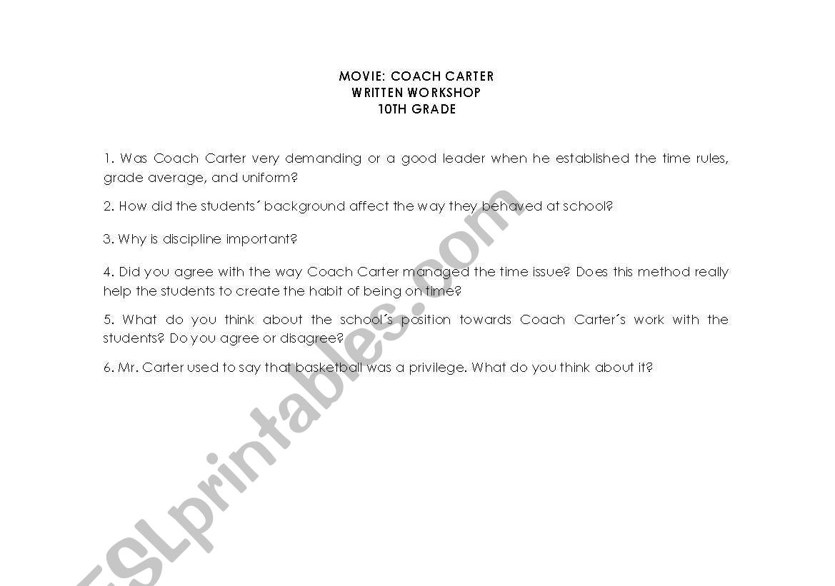 COACH CARTER QUESTIONNAIRE worksheet