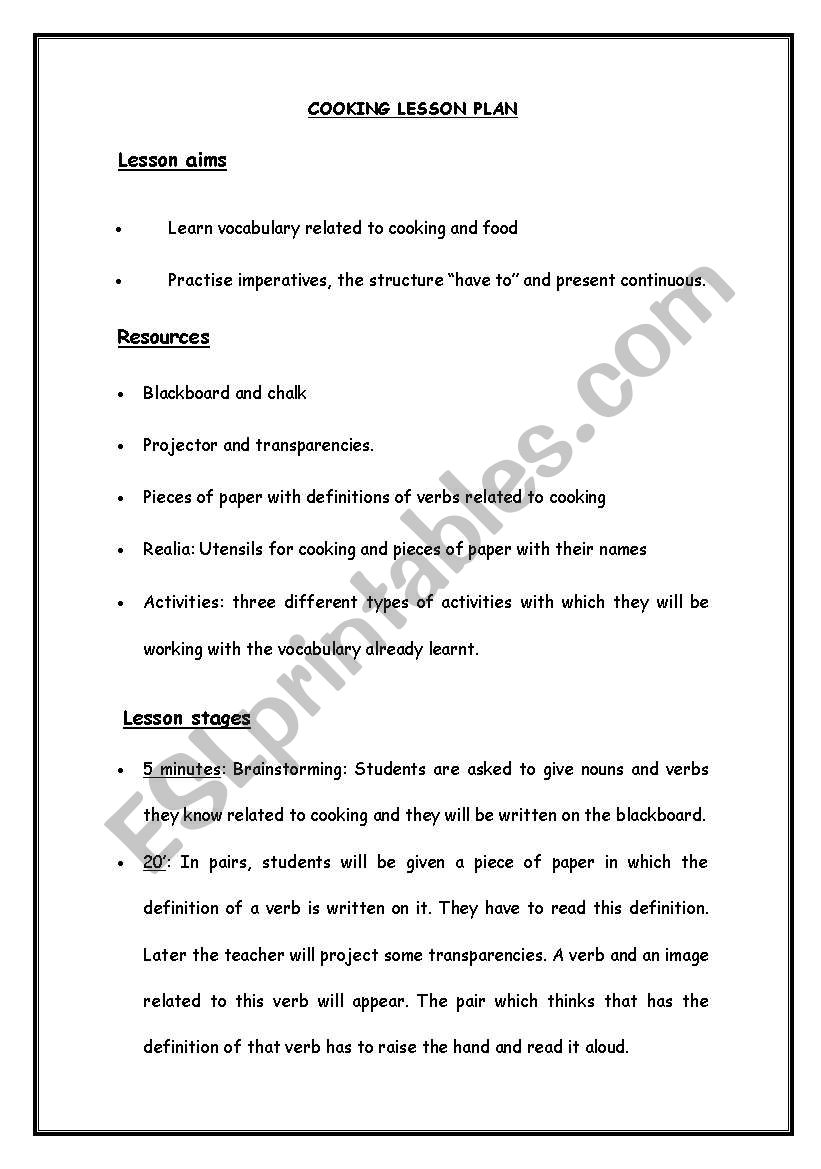 Cooking Lesson Plan worksheet