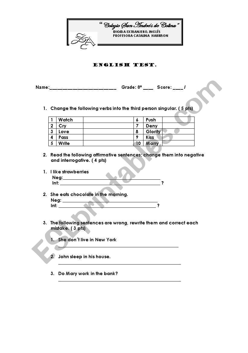 Simple Present test worksheet