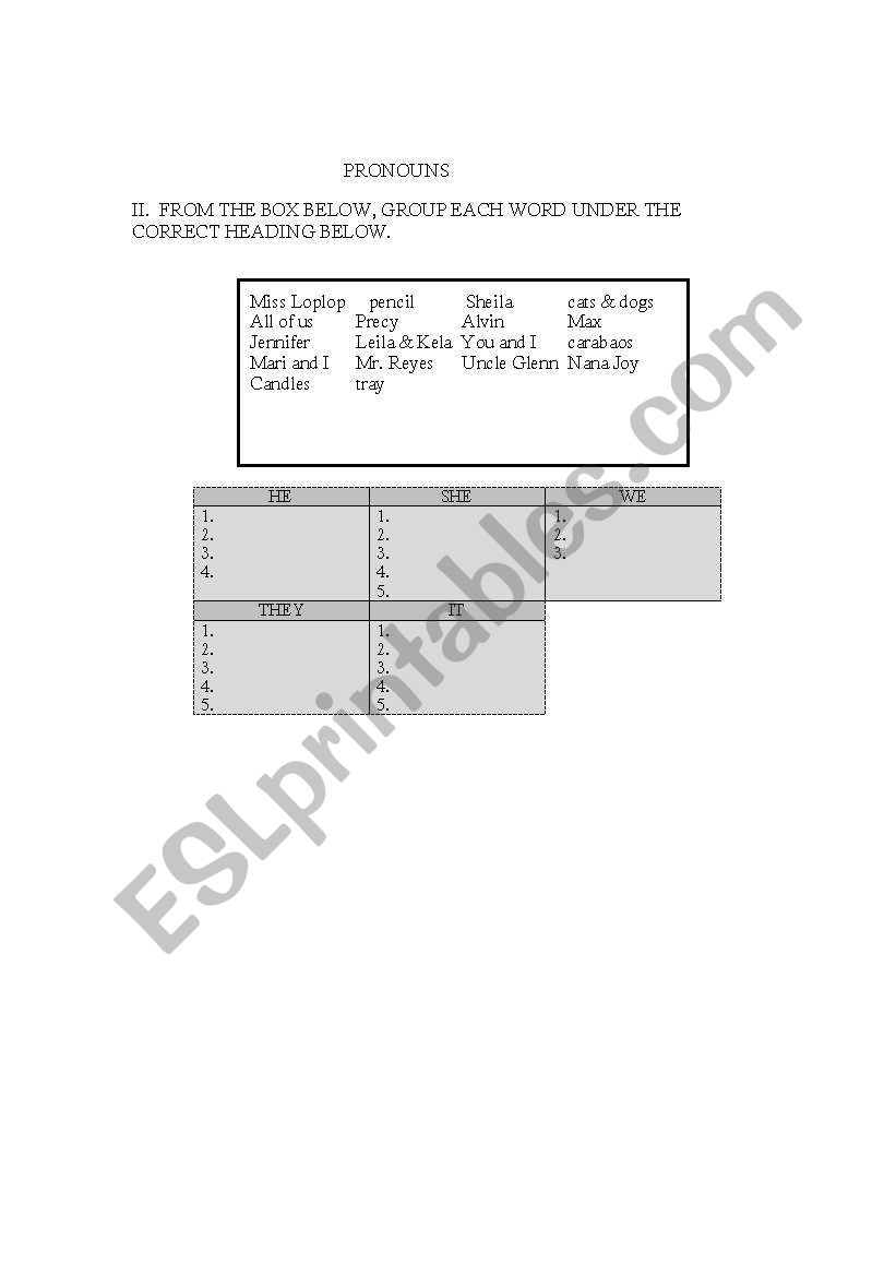 SUBJECT PROMOUNS worksheet
