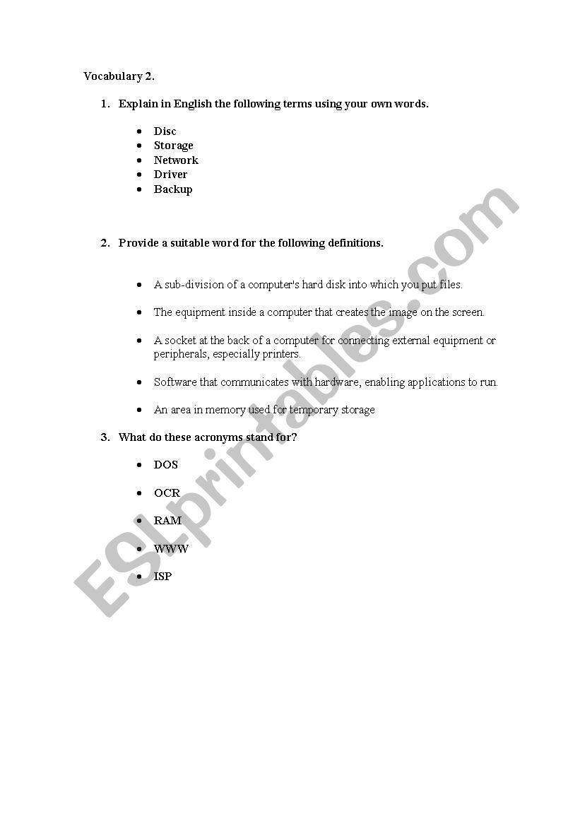 Computer vocabulary worksheet