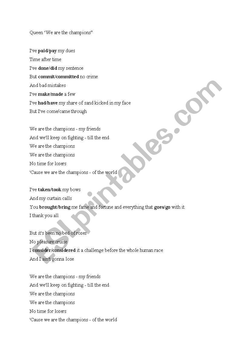 Queen ´We are the champions´ worksheet