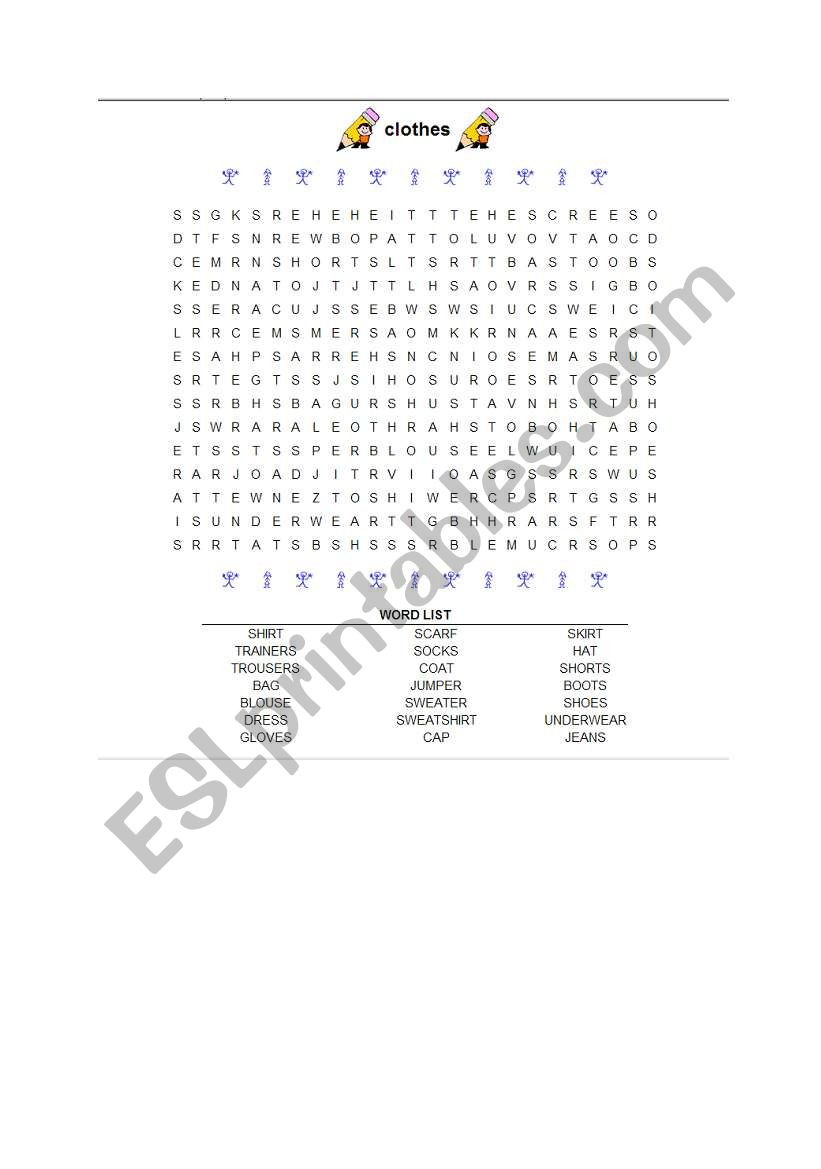 clothes wordsearch worksheet