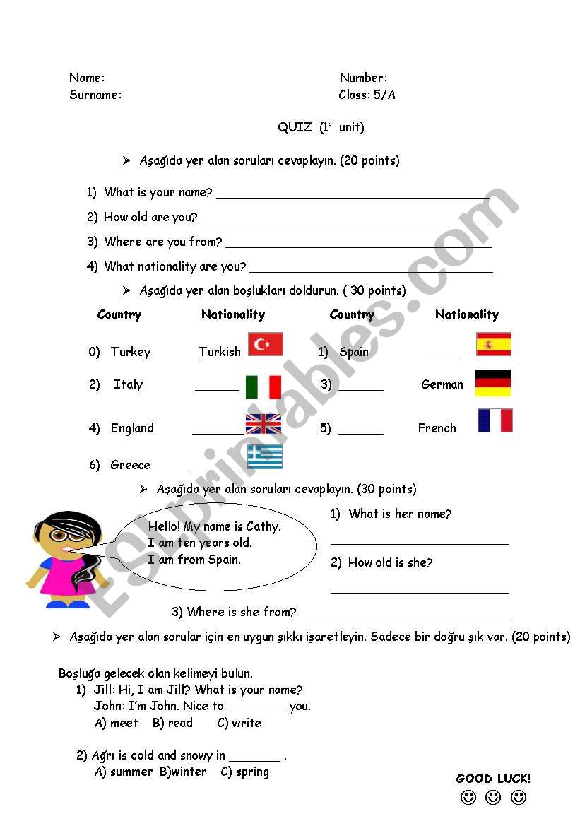 1st unit quiz worksheet