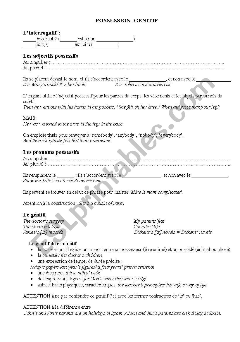 possession/ genitive/ s worksheet