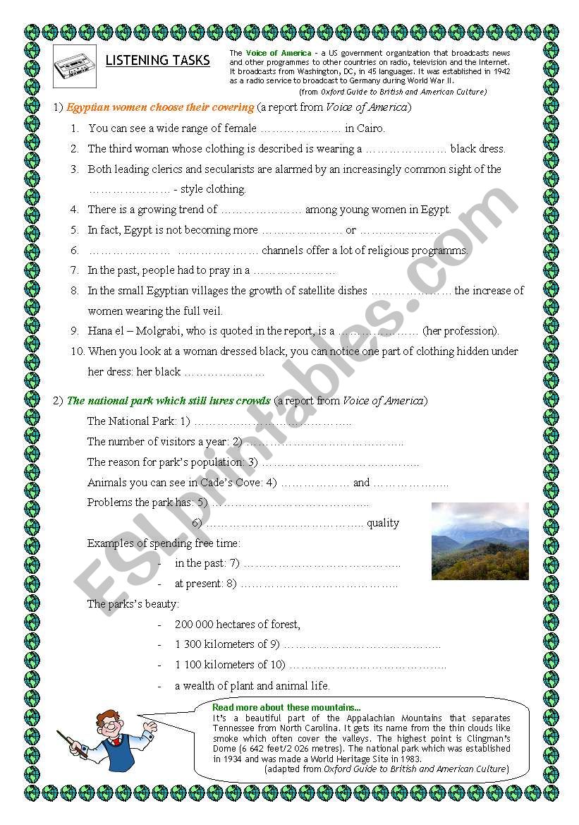 Two listening tasks worksheet