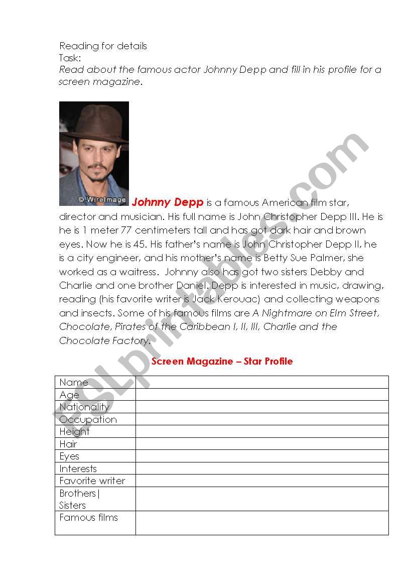 A Film Stars Profile worksheet