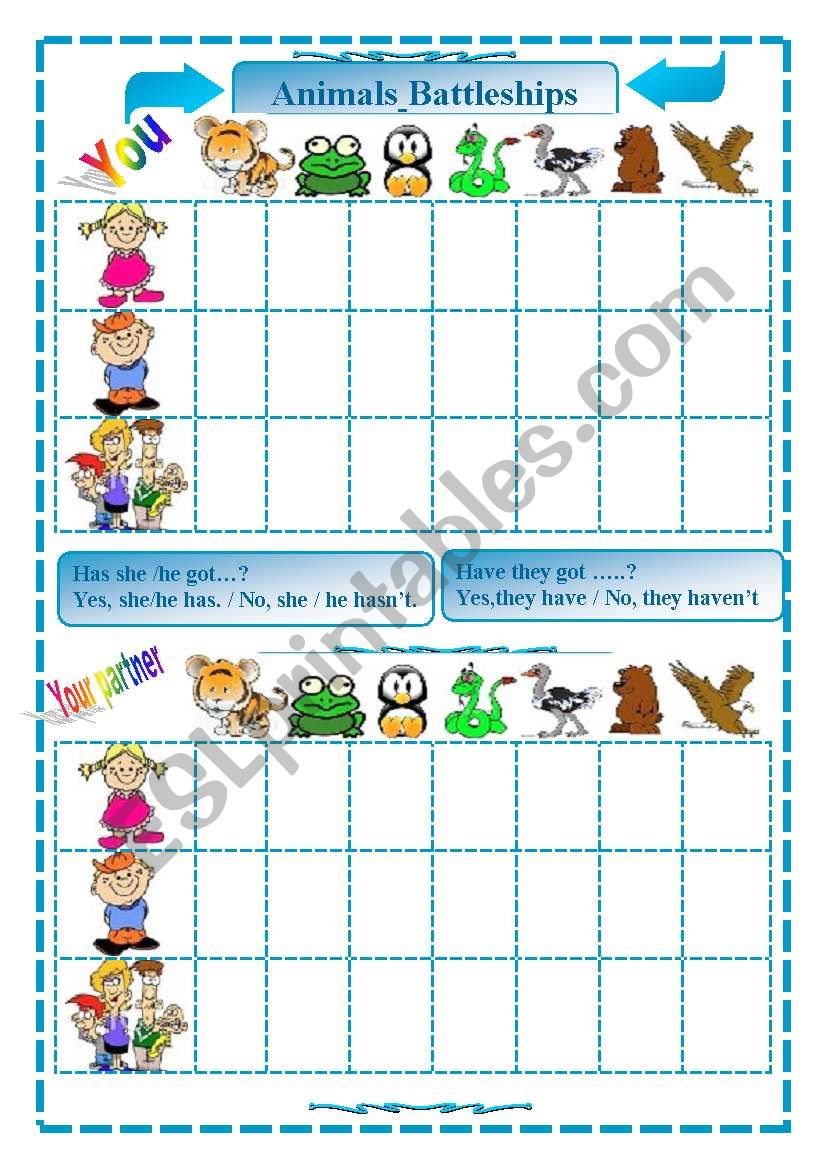 Animals battleships 1/3 worksheet