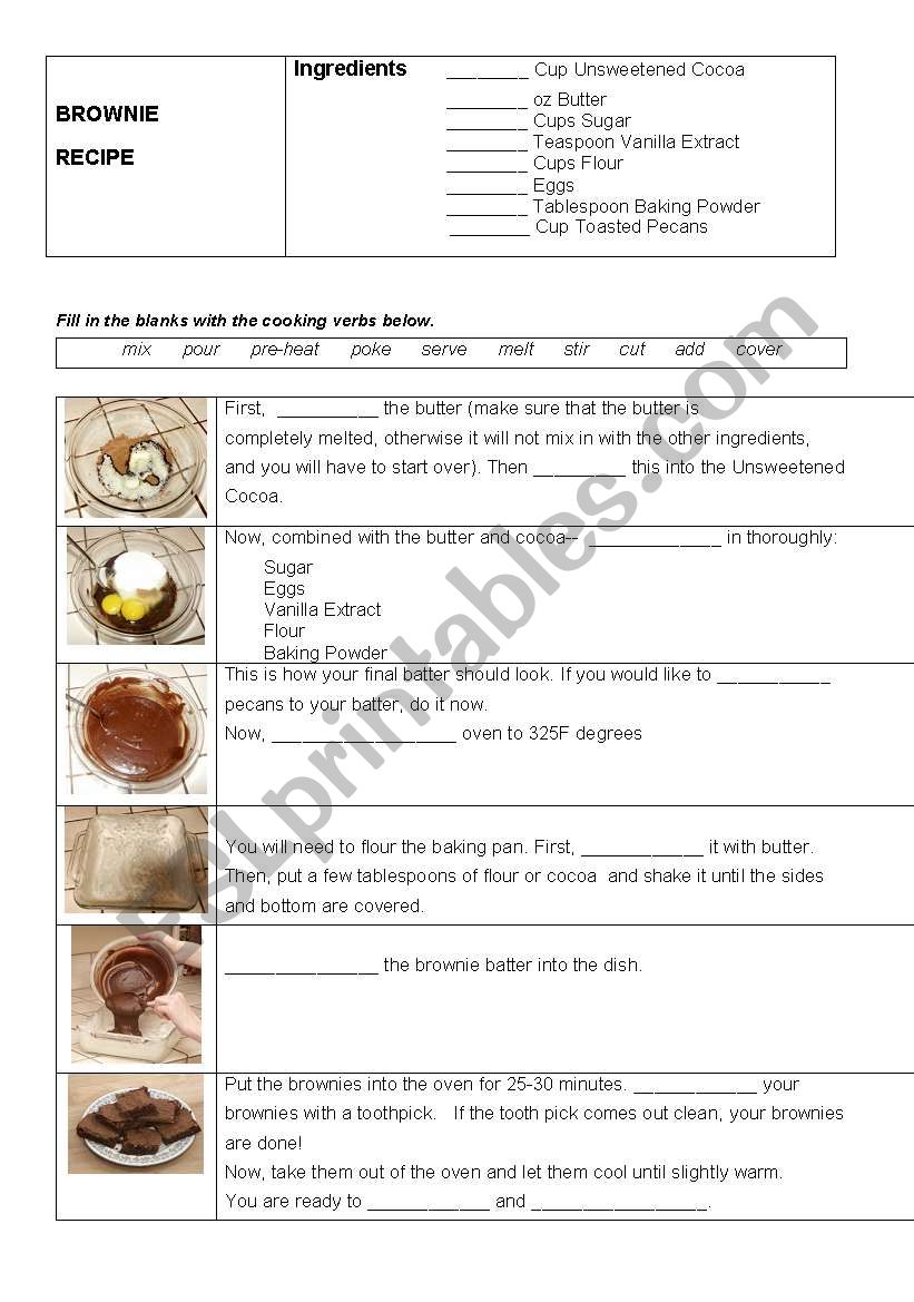 Brownie recipe - exercise worksheet