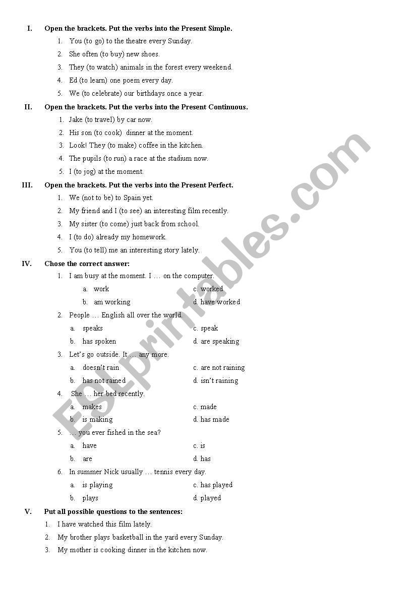 present tenses worksheet