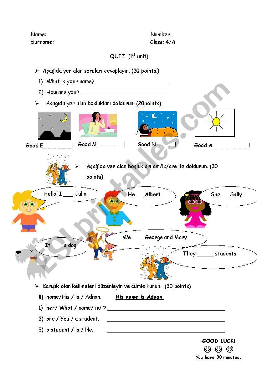 A quiz for 4th graders worksheet