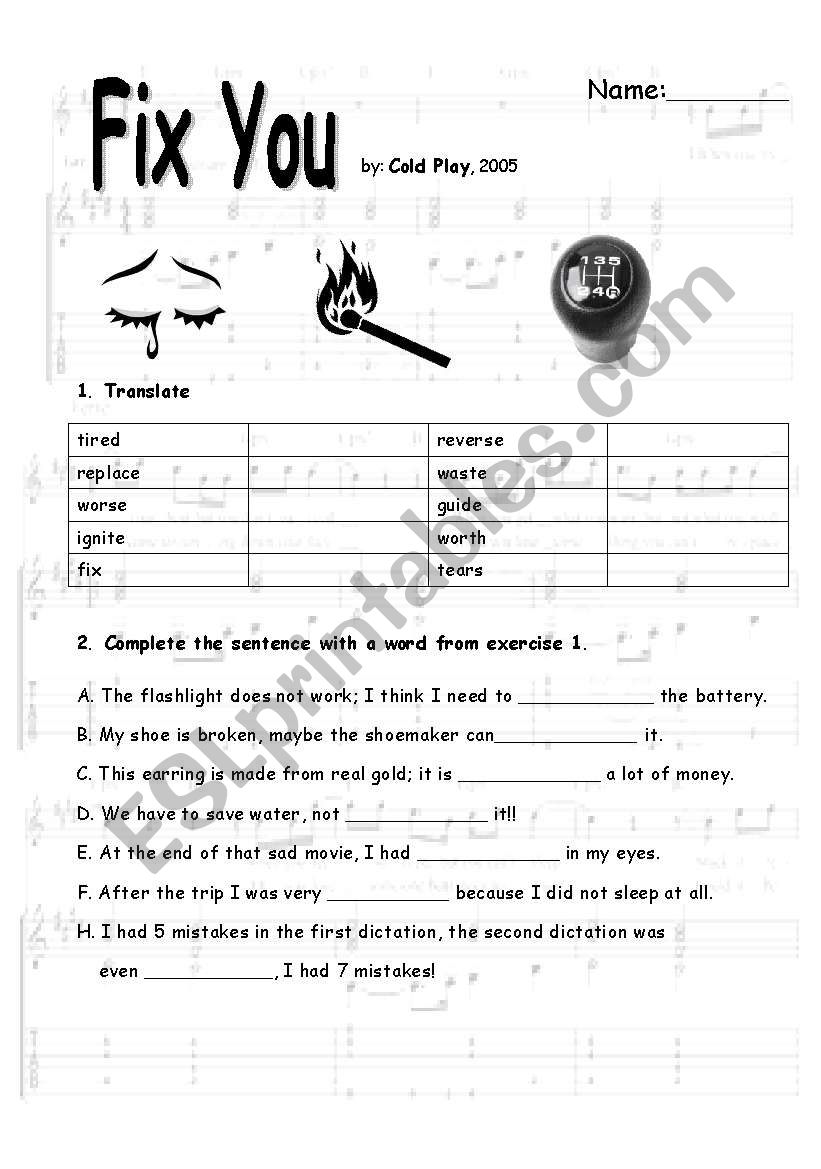 song fix you by Coldplay worksheet