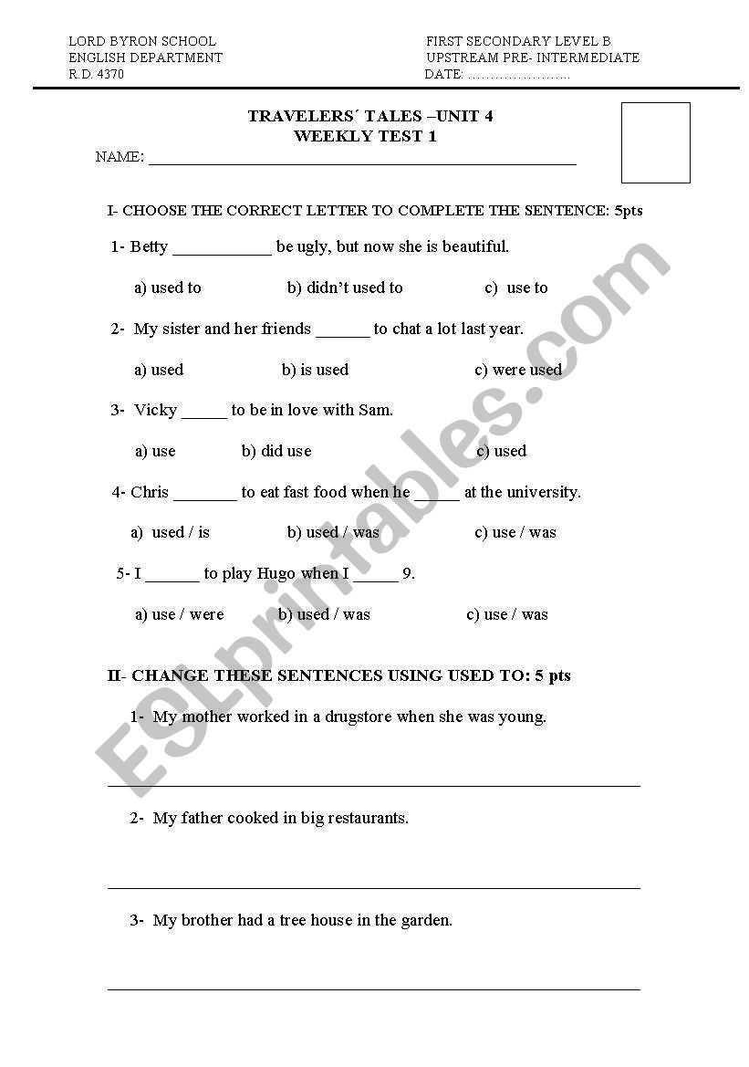 quiz with used to worksheet