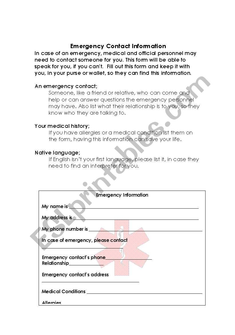 Emergency Contact form worksheet