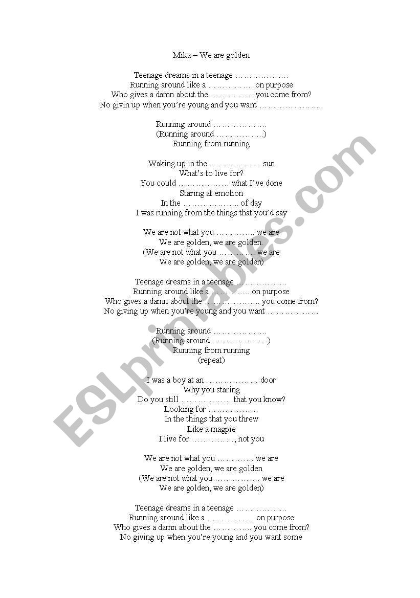 We are golden -  Mika worksheet