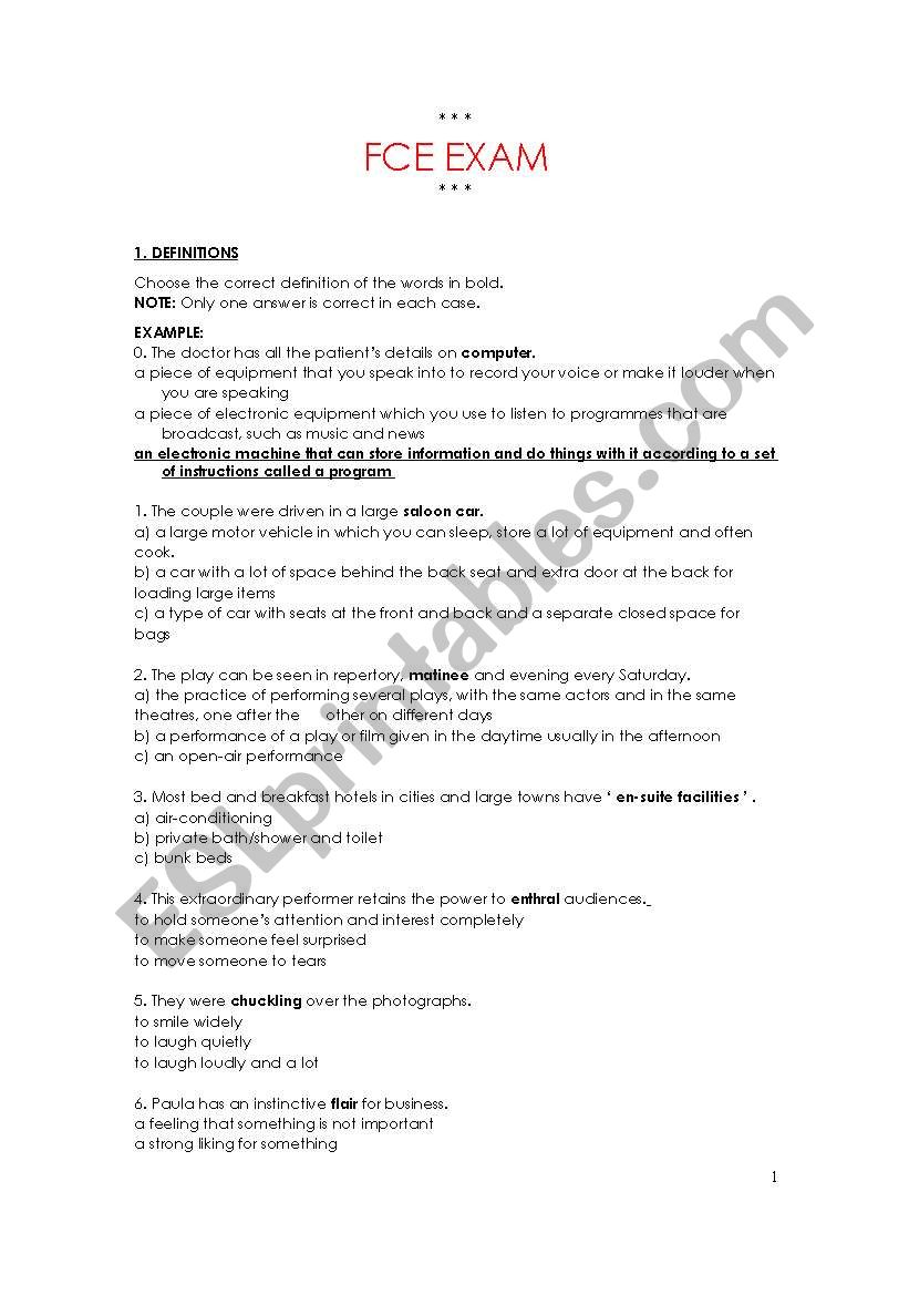 FCE EXAM with  answers key worksheet