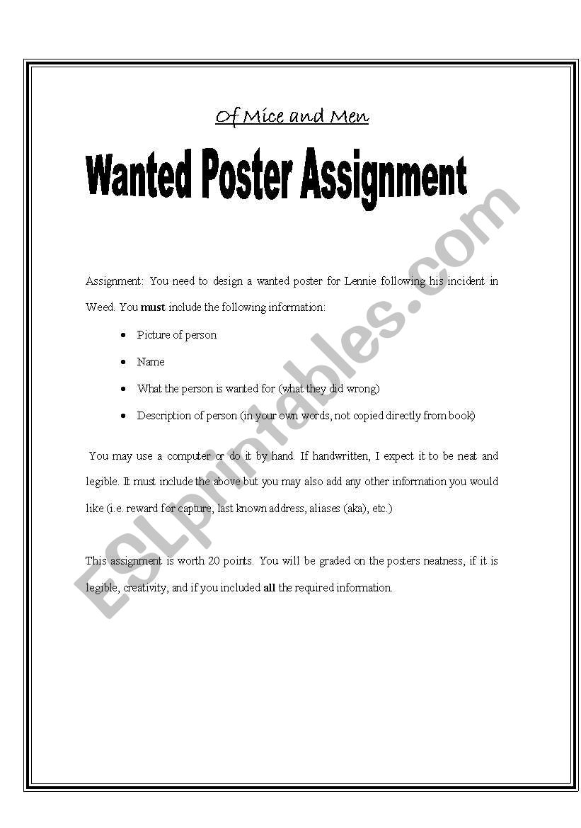 Of Mice and Men Wanted Poster worksheet