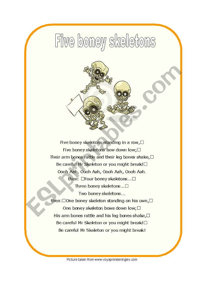 Five boney skeletons - Lyrics worksheet