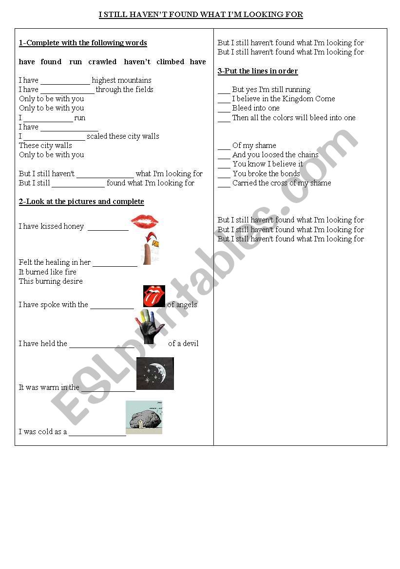 Present Perfect song -  by U2 worksheet