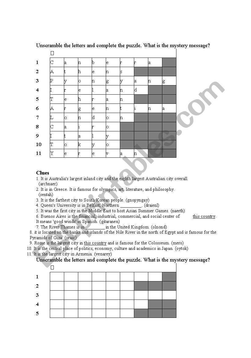 Countries and Cities worksheet