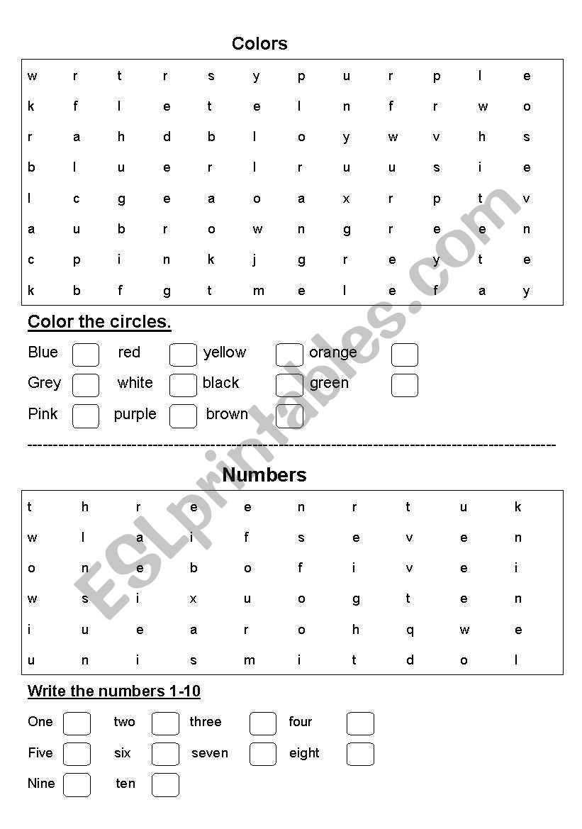 Colors and numbers worksheet