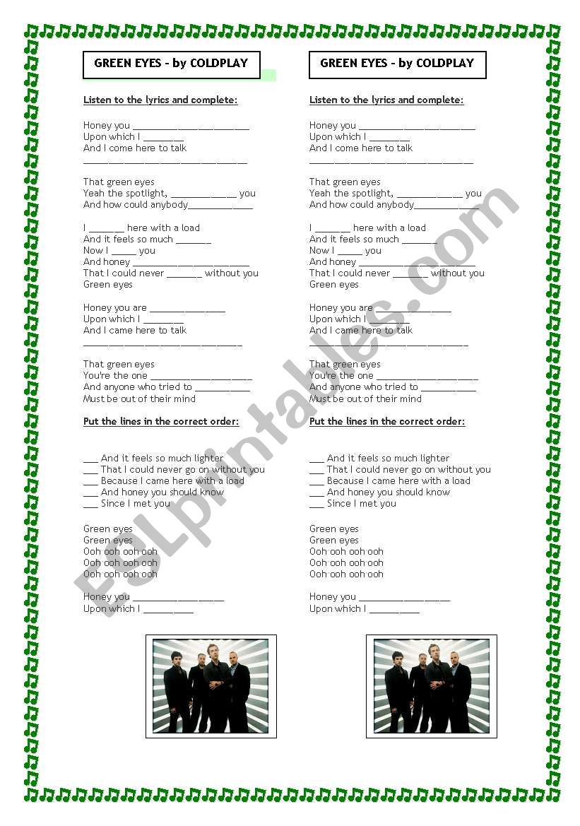 Green Eyes- By Coldplay worksheet