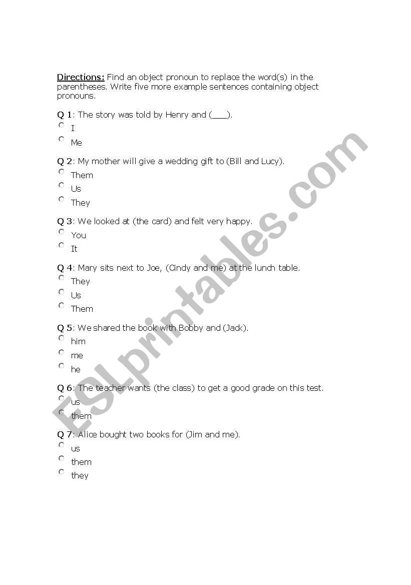 object pronouns quiz worksheet