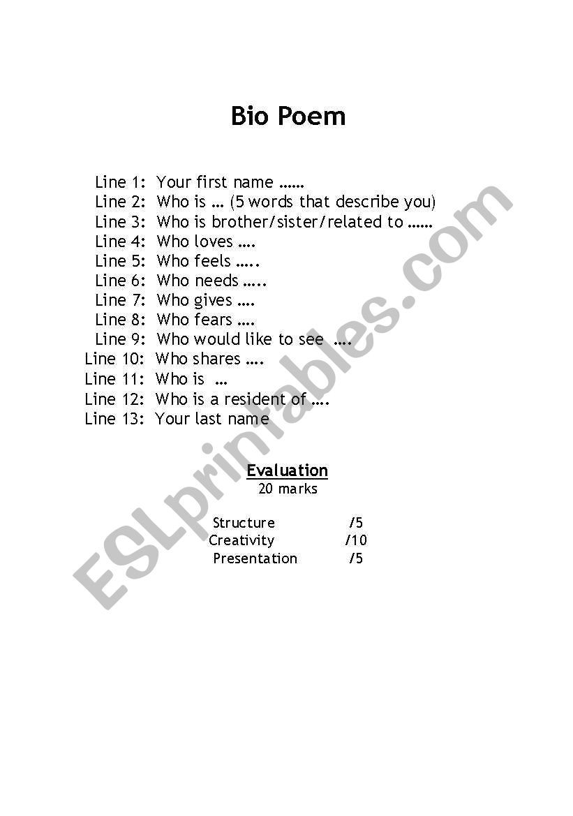 BIO Poem assignment worksheet