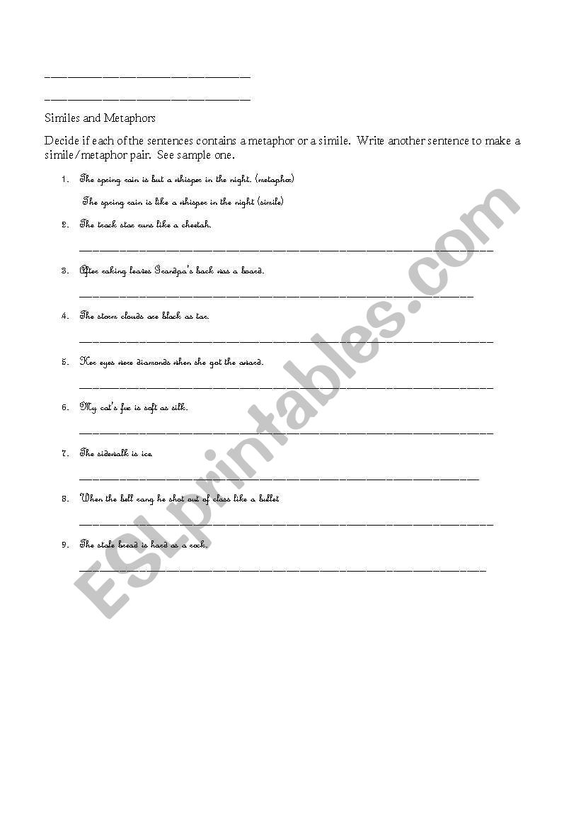 Similes and Metaphors worksheet