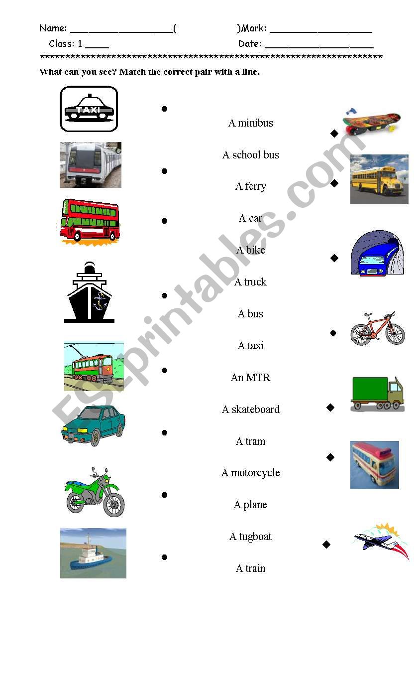 Transpotations / vehicles worksheet