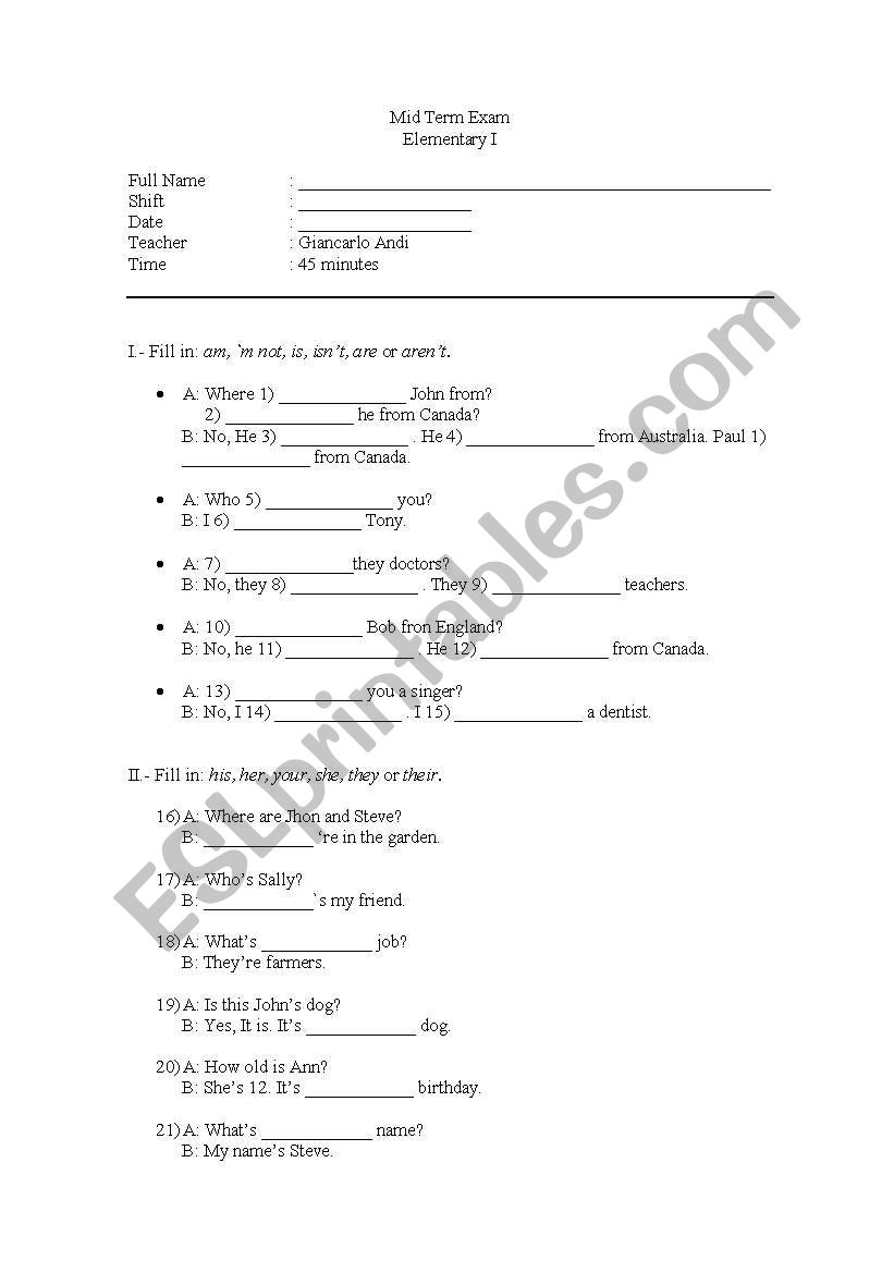 Mid Term Exam for Elementary worksheet
