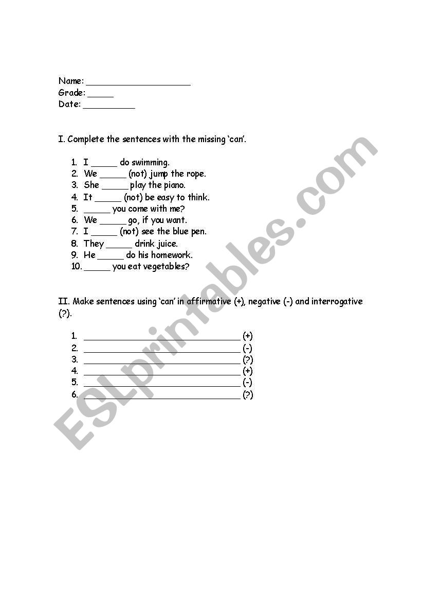 ´Can´ Exercises worksheet