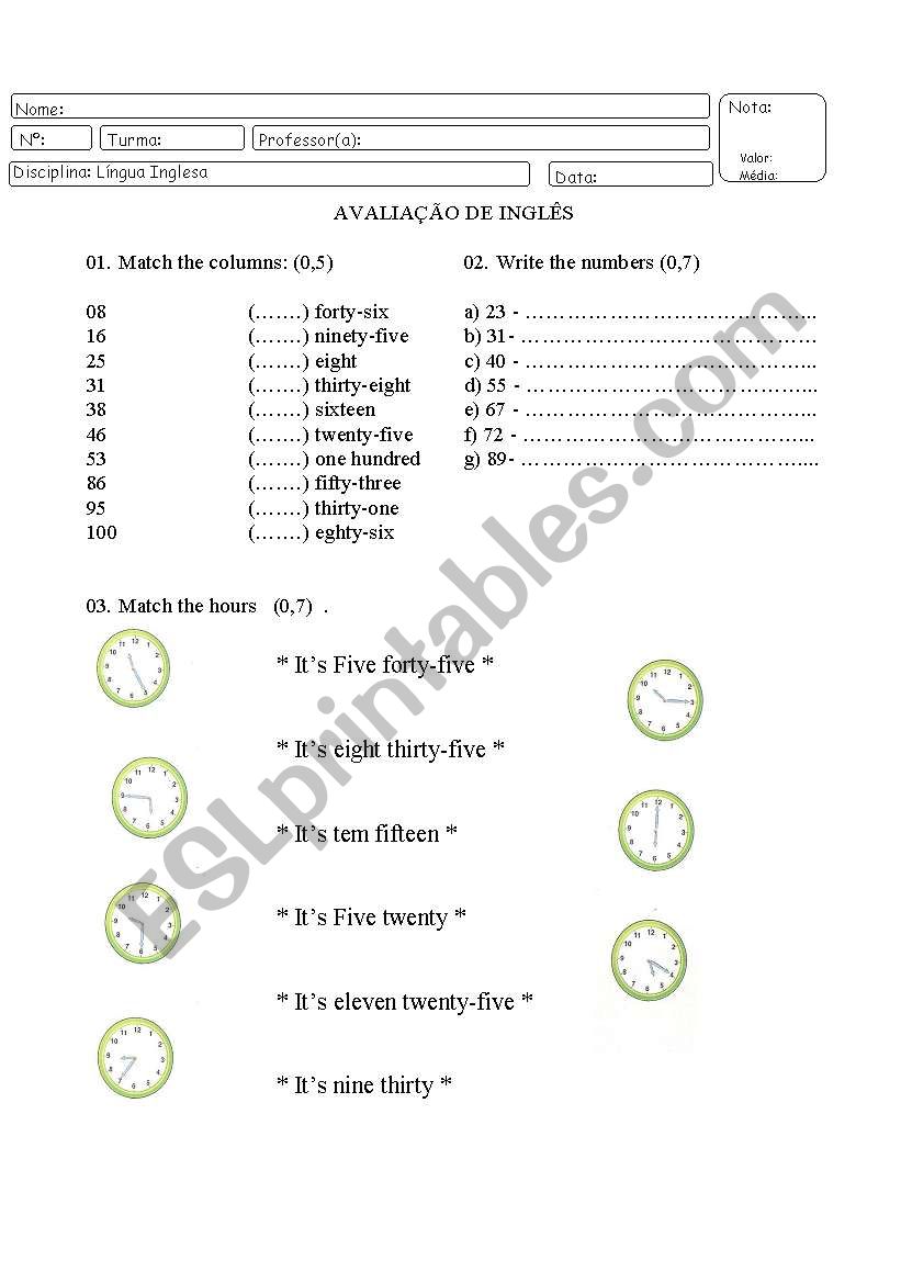 Numbers and Hours worksheet