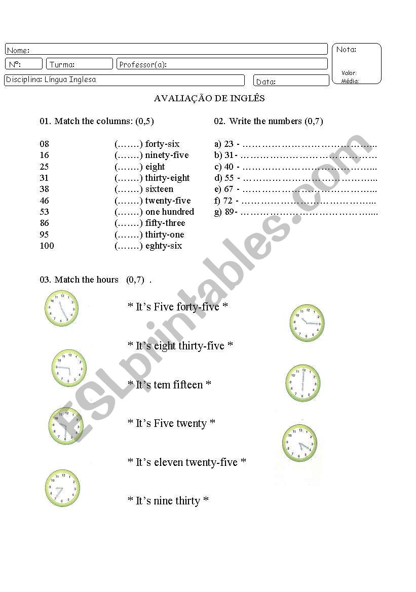 Numbers and Hours worksheet