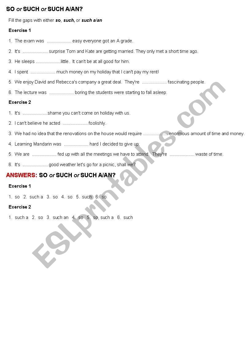 SO or SUCH or SUCH A worksheet