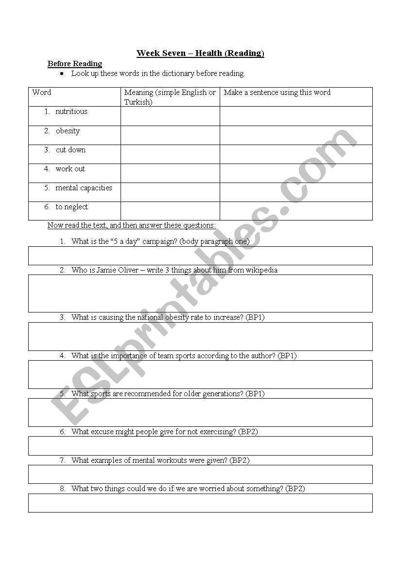 Health worksheet