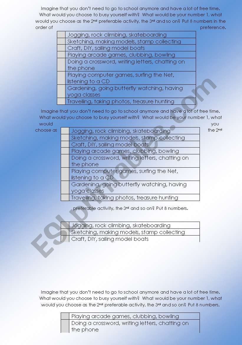 Hobbies worksheet