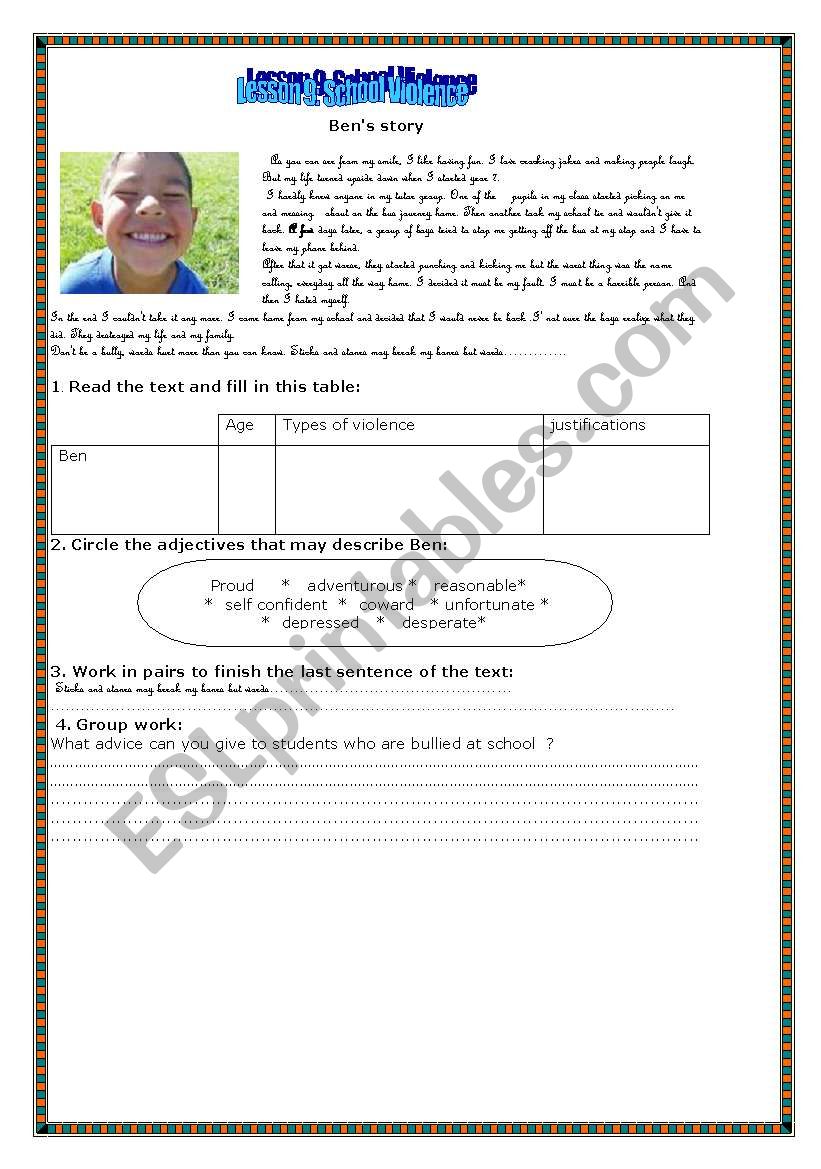 school violence worksheet